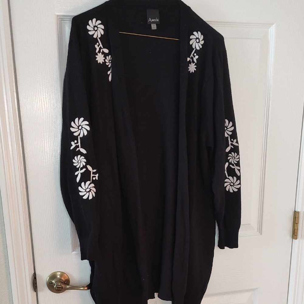 Aaeda Black Cardigan with White Floral Accents